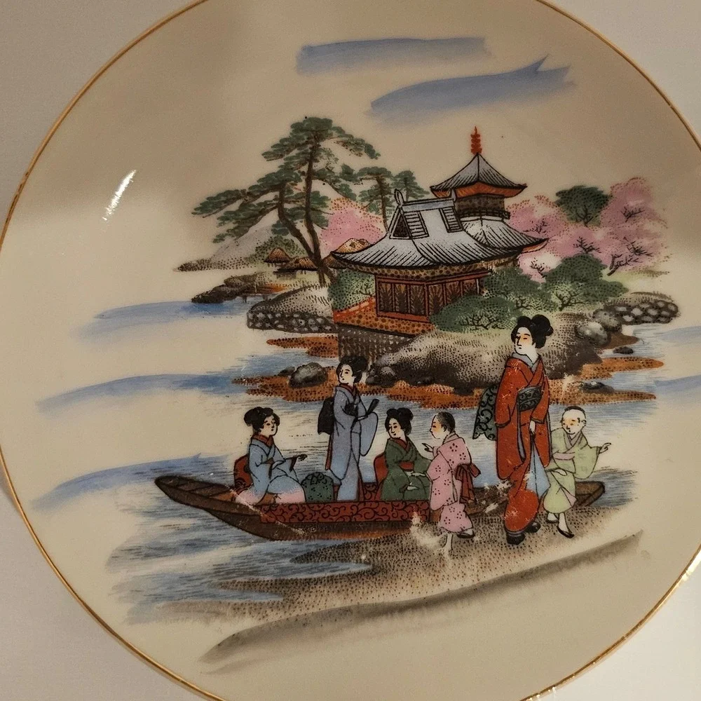 Vintage Japanese Lithophane Porcelain Tea Cup Saucer Set 4 Geisha Pagoda Gold